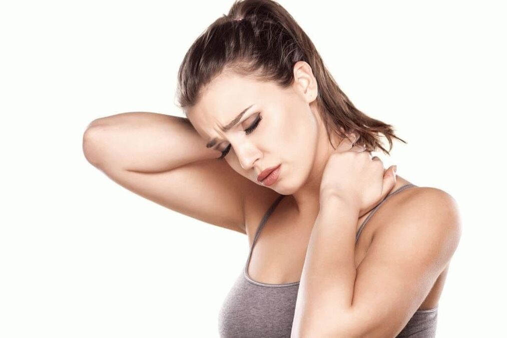 Severe pain in the neck and shoulder blades due to cervical osteochondrosis.